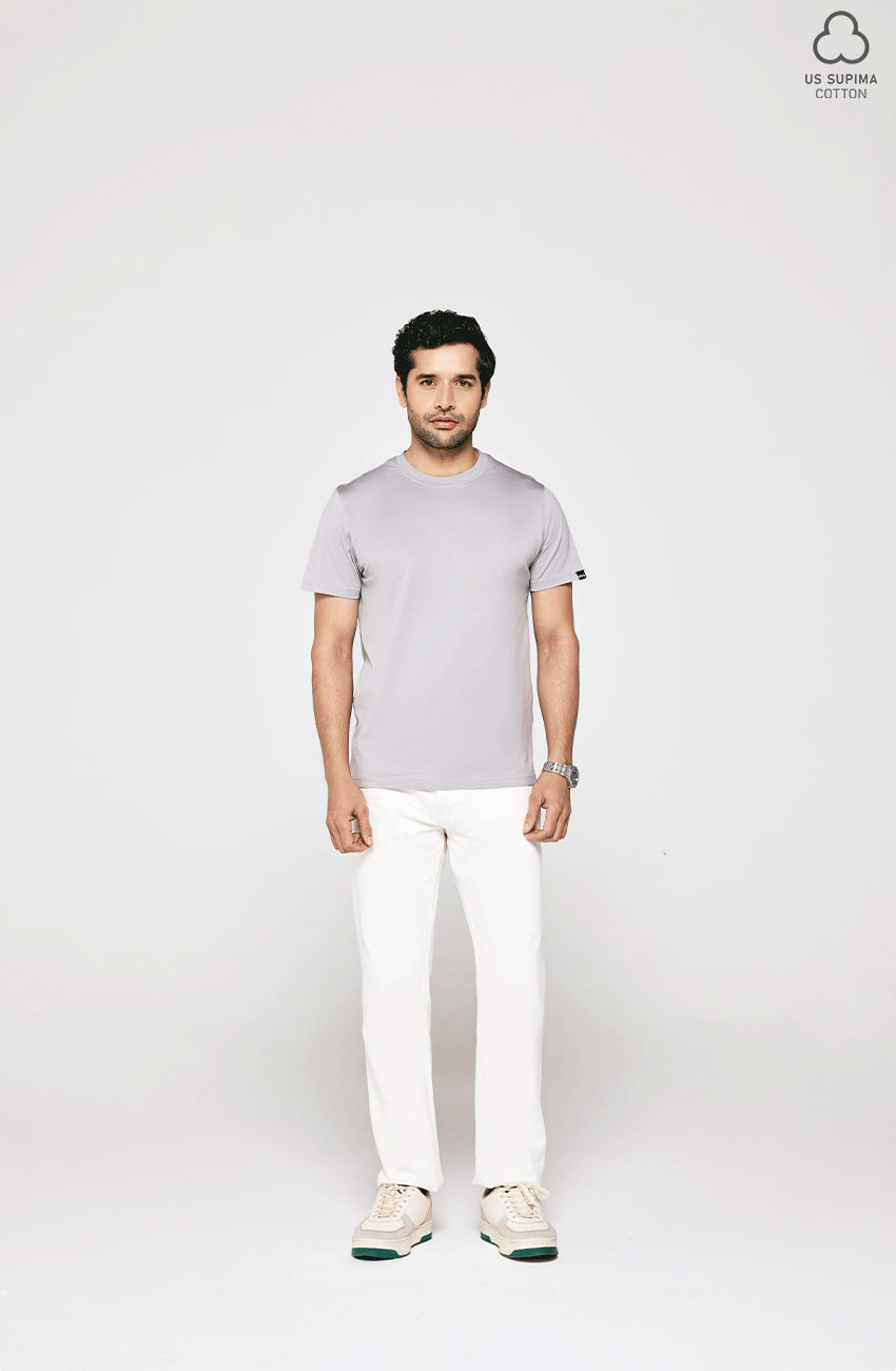 100% US SUPIMA COTTON MERCERIZED GREY CREW NECK T-SHIRT - 180GSM