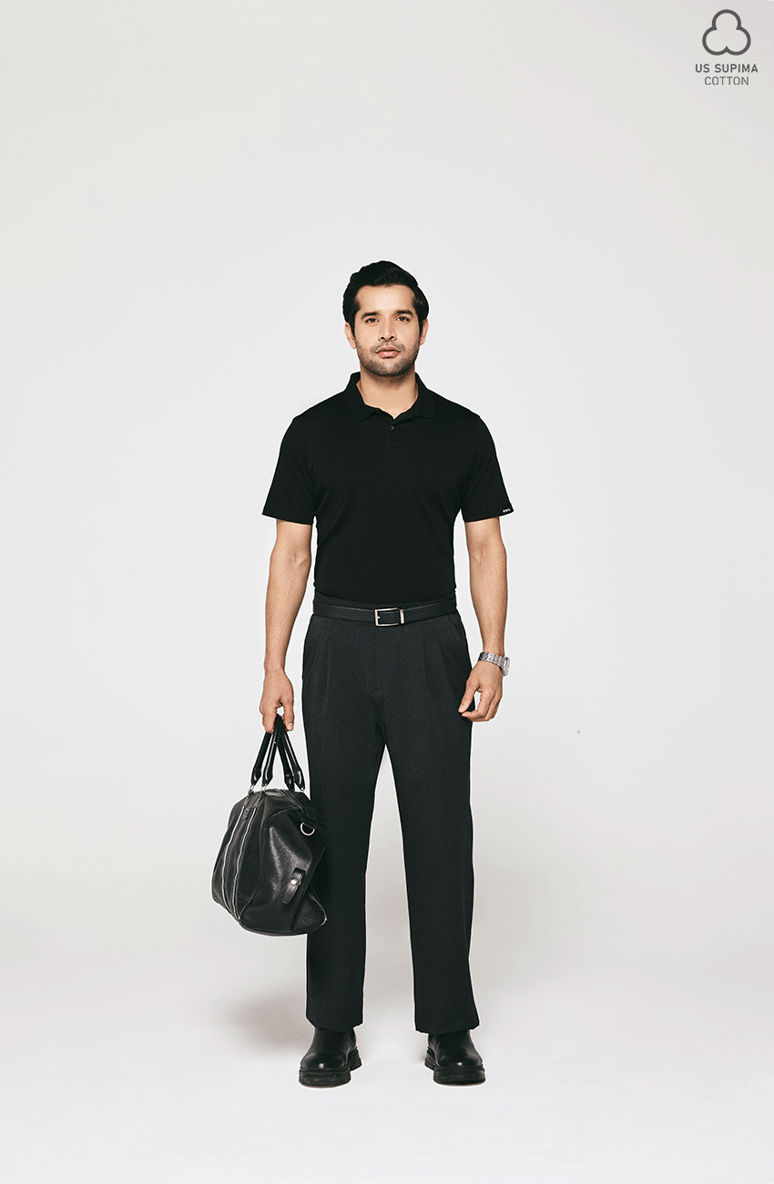 100% US SUPIMA COTTON MERCERIZED BLACK POLO NECK T-SHIRT - 220GSM