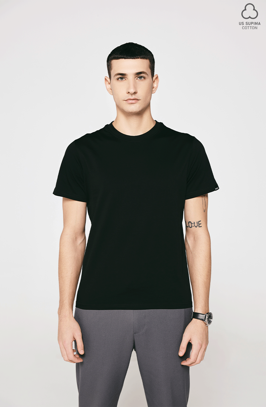 100% US SUPIMA COTTON MERCERIZED BLACK CREW NECK T-SHIRT - 180GSM