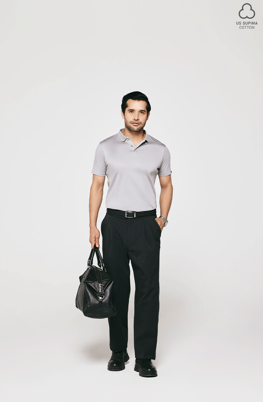 100% US SUPIMA COTTON MERCERIZED GREY POLO NECK T-SHIRT - 220GSM