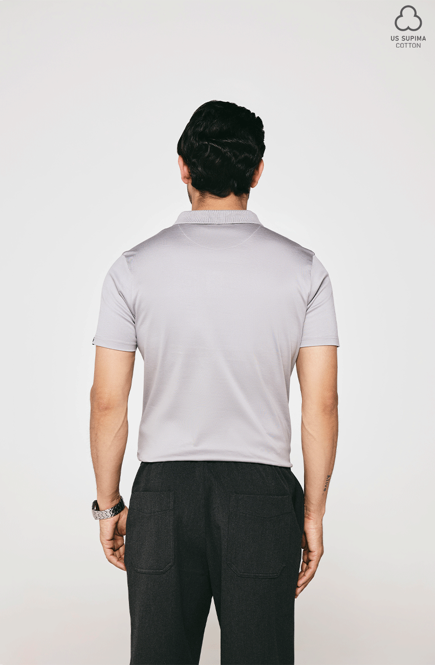 100% US SUPIMA COTTON MERCERIZED GREY POLO NECK T-SHIRT - 220GSM