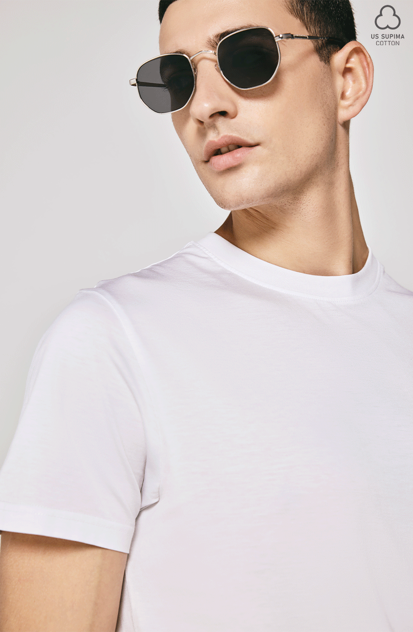 100% US SUPIMA COTTON MERCERIZED WHITE CREW NECK T-SHIRT - 180GSM