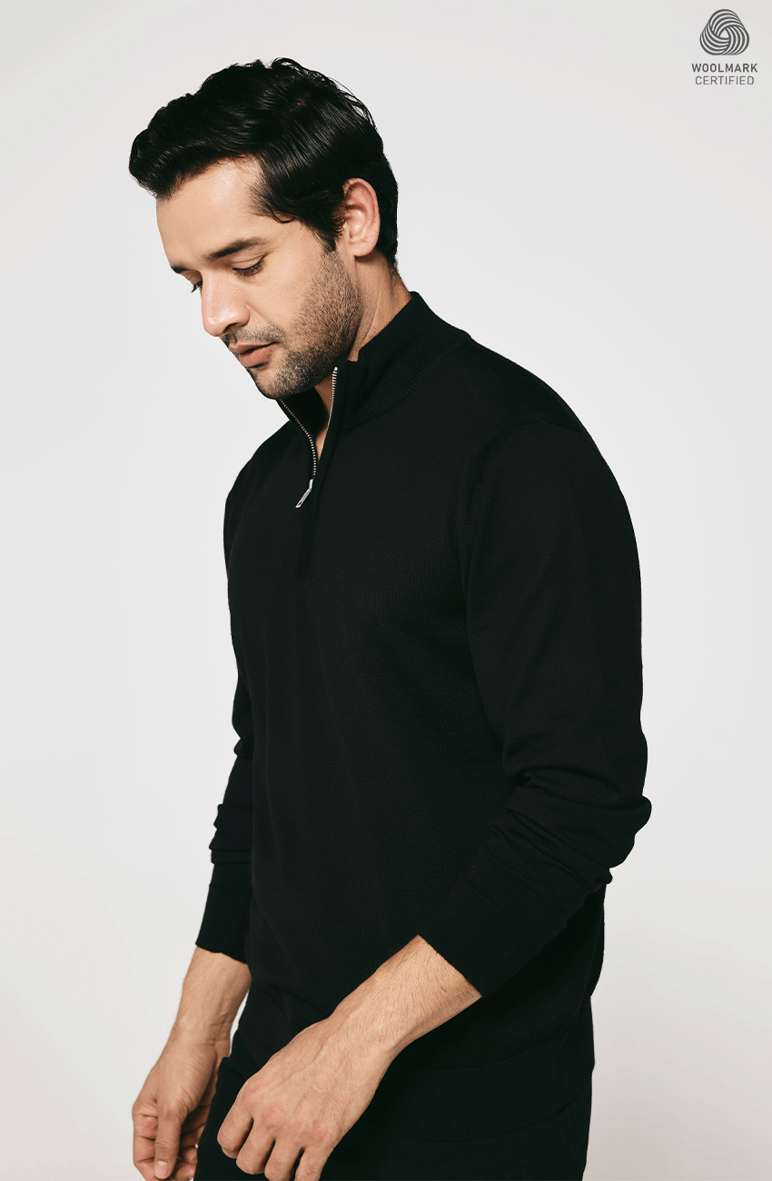 BLACK MERINO WOOL HALF ZIPPER PULLOVER