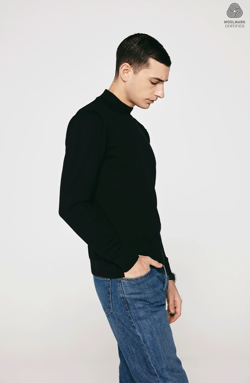 BLACK MERINO WOOL CREW NECK PULLOVER