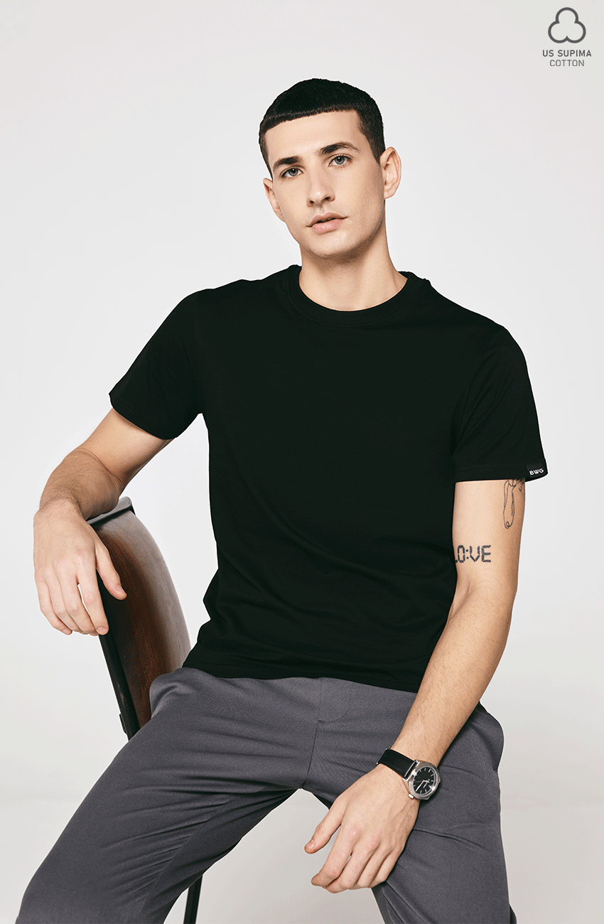 100% US SUPIMA COTTON MERCERIZED BLACK CREW NECK T-SHIRT - 180GSM