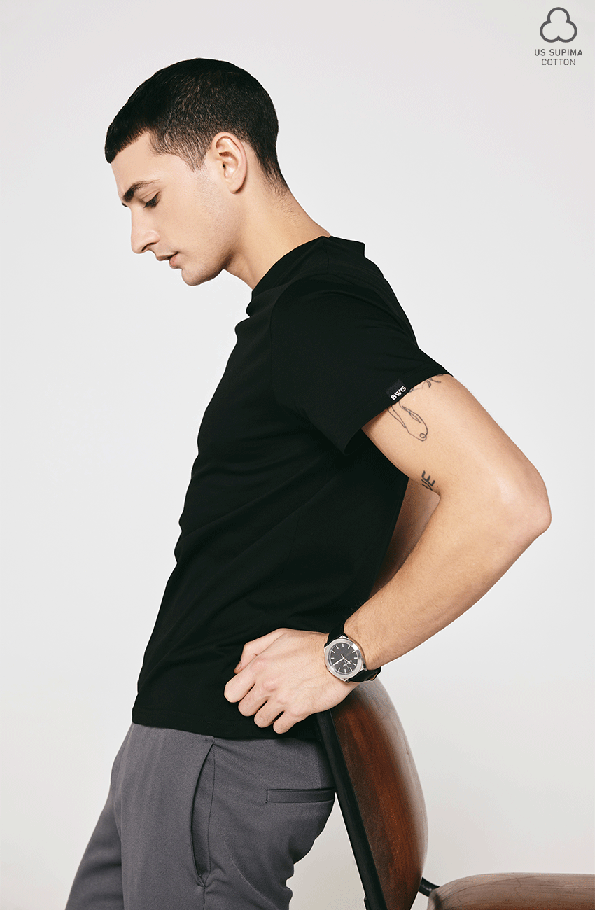 100% US SUPIMA COTTON MERCERIZED BLACK CREW NECK T-SHIRT - 180GSM