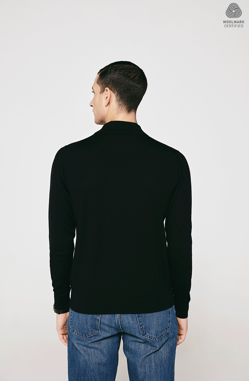 BLACK MERINO WOOL OPEN COLLAR PULLOVER