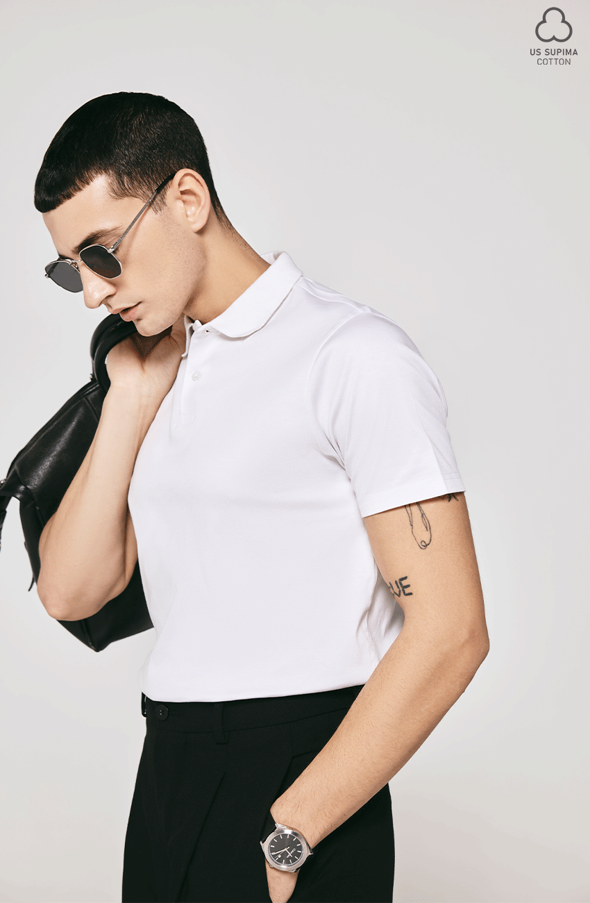100% US SUPIMA COTTON MERCERIZED WHITE POLO NECK T-SHIRT - 220GSM