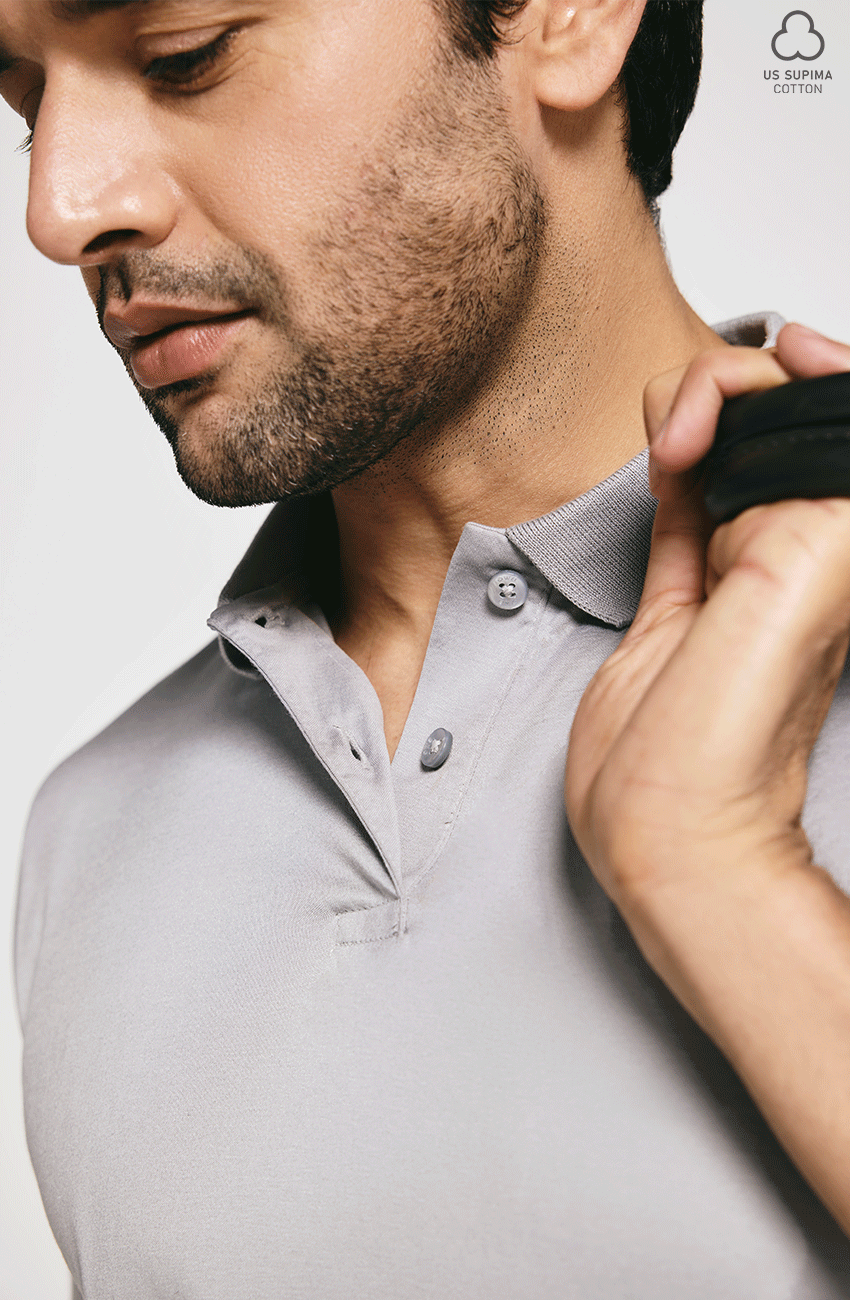 100% US SUPIMA COTTON MERCERIZED GREY POLO NECK T-SHIRT - 220GSM