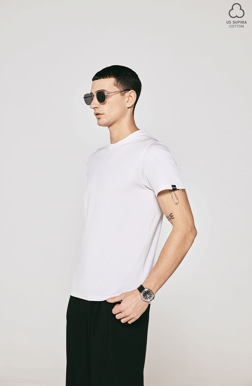 100% US SUPIMA COTTON MERCERIZED WHITE CREW NECK T-SHIRT - 180GSM