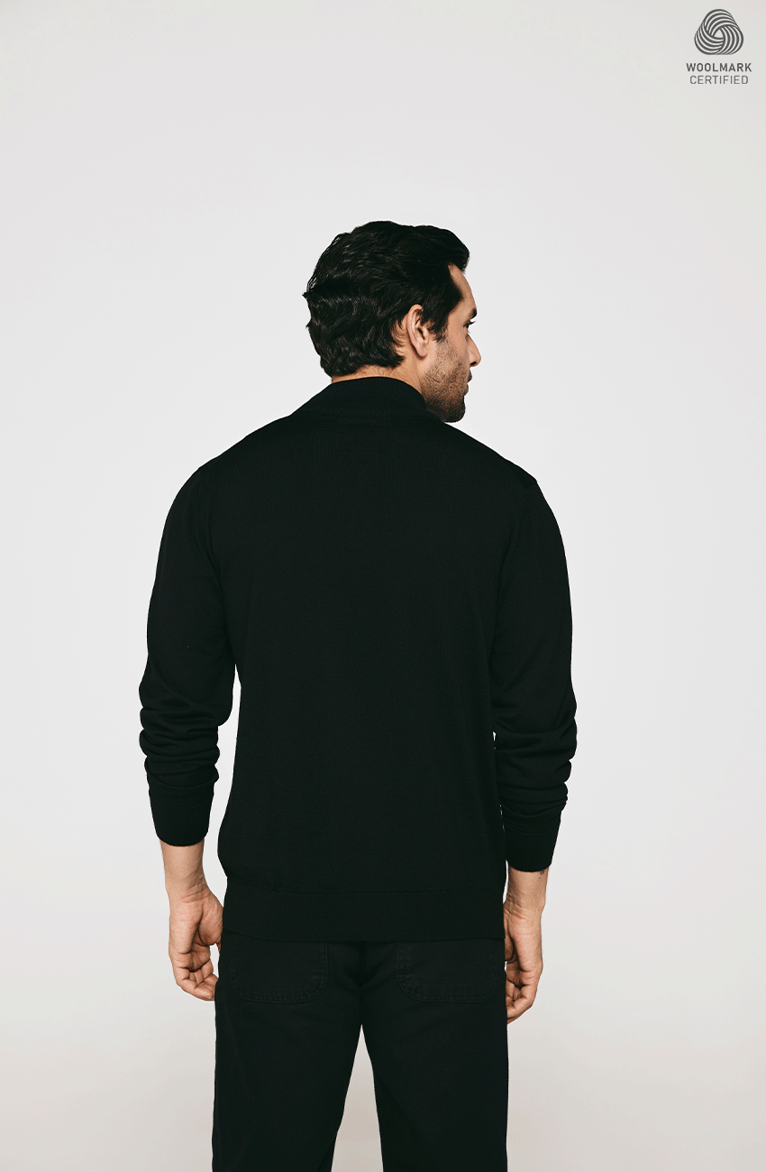 BLACK MERINO WOOL HALF ZIPPER PULLOVER