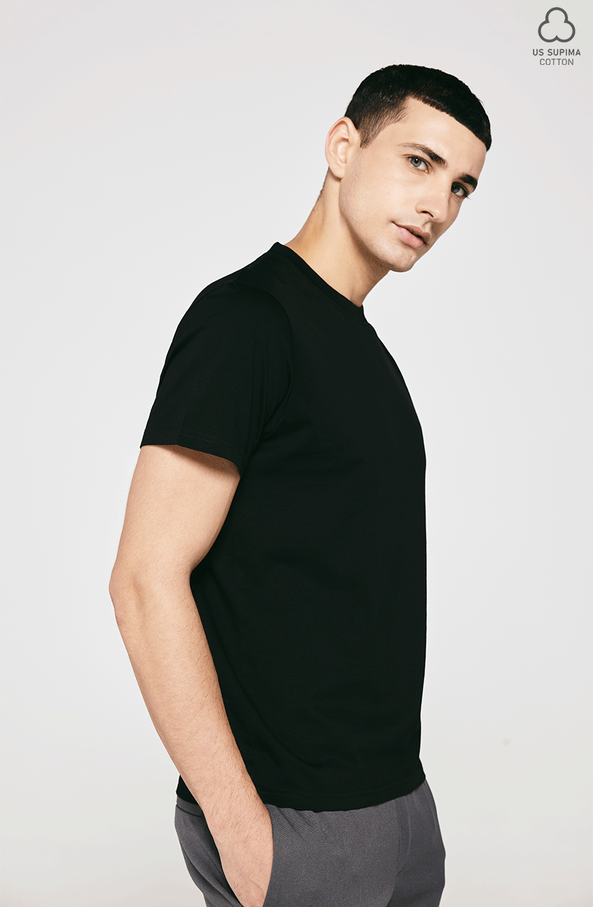 100% US SUPIMA COTTON MERCERIZED BLACK CREW NECK T-SHIRT - 180GSM