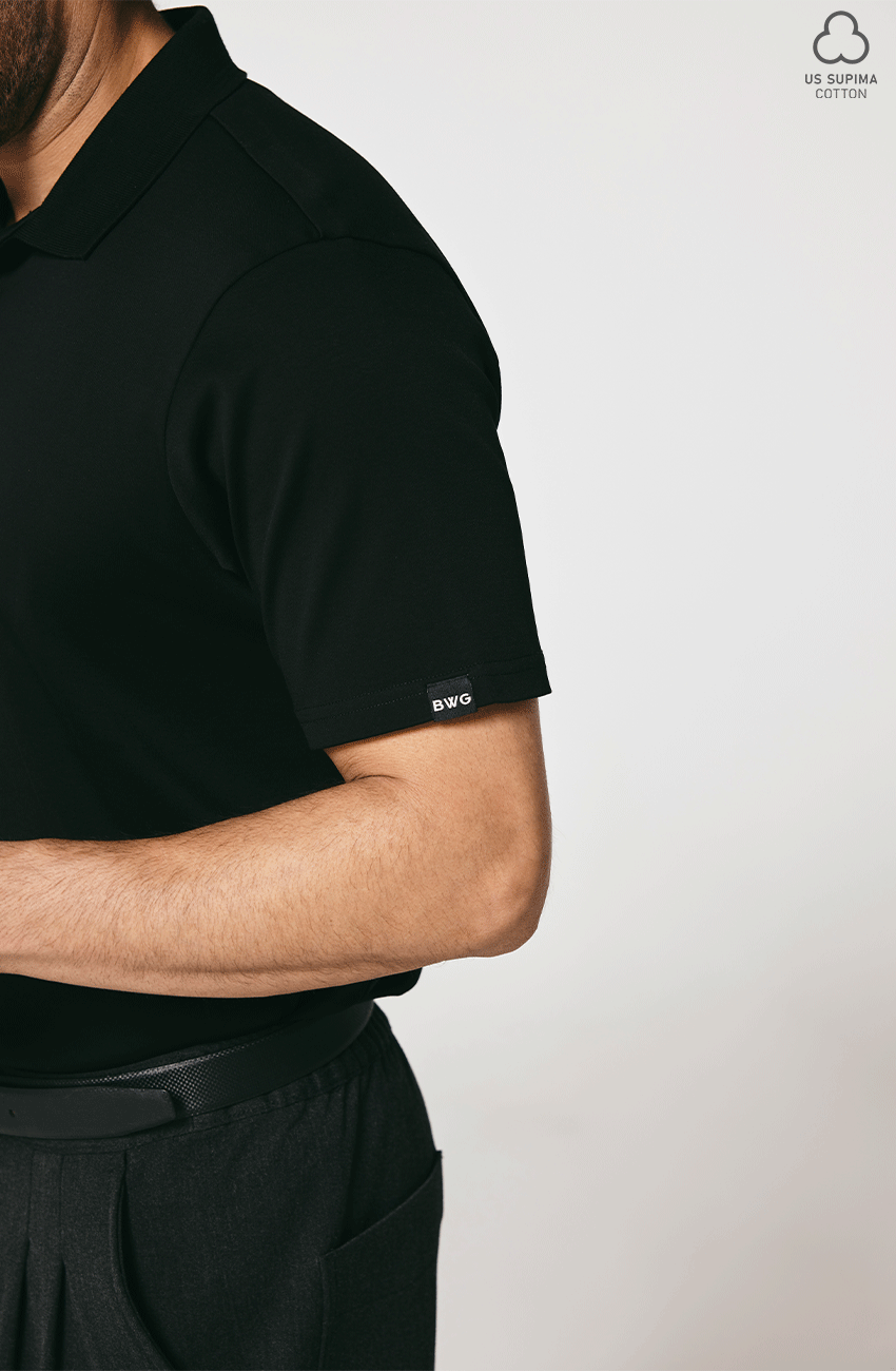 100% US SUPIMA COTTON MERCERIZED BLACK POLO NECK T-SHIRT - 220GSM