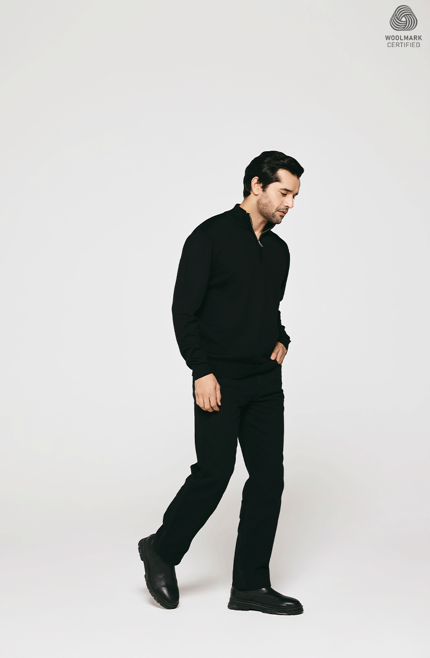 BLACK MERINO WOOL HALF ZIPPER PULLOVER