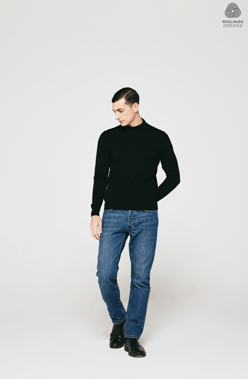BLACK MERINO WOOL CREW NECK PULLOVER