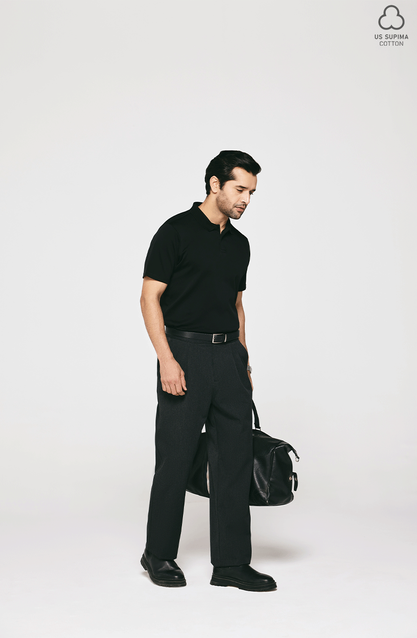 100% US SUPIMA COTTON MERCERIZED BLACK POLO NECK T-SHIRT - 220GSM