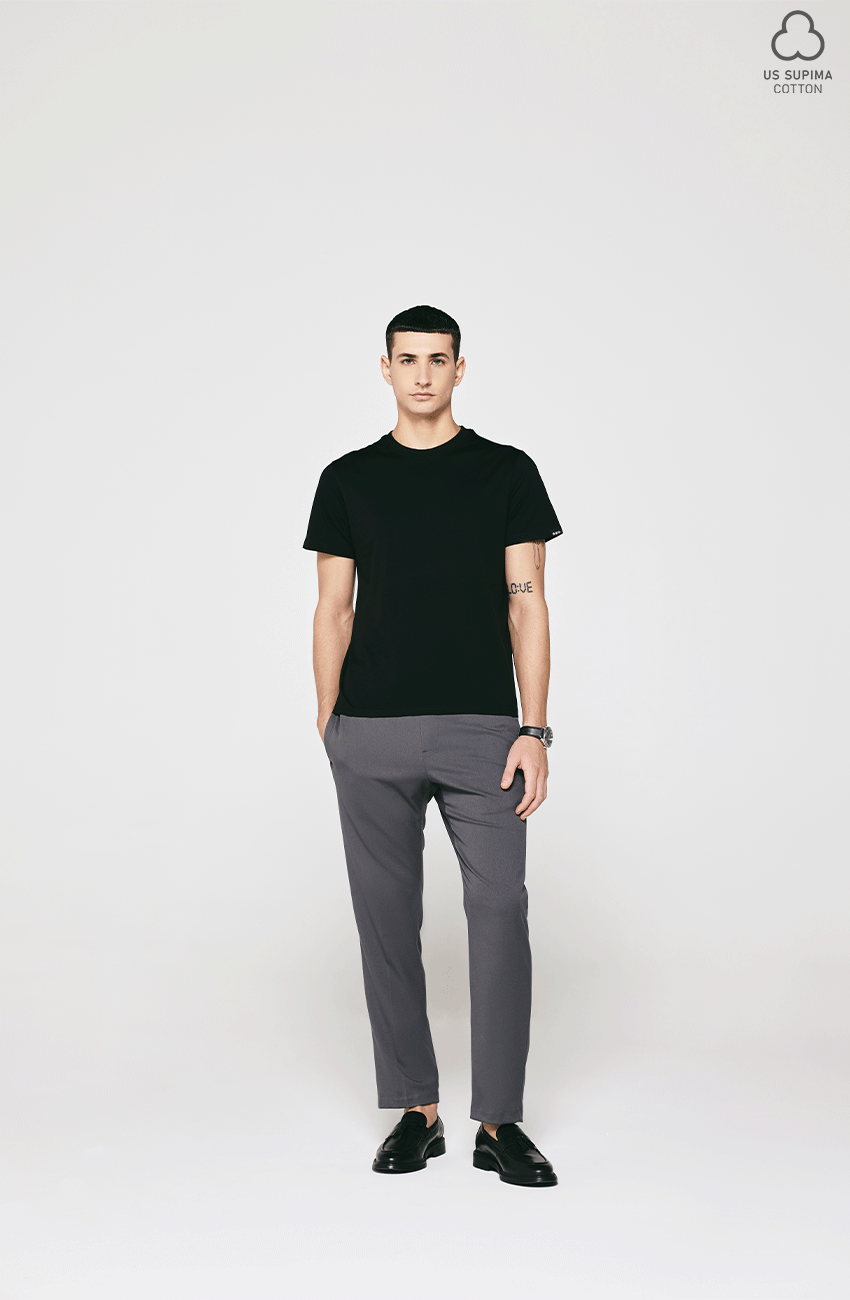 100% US SUPIMA COTTON MERCERIZED BLACK CREW NECK T-SHIRT - 180GSM