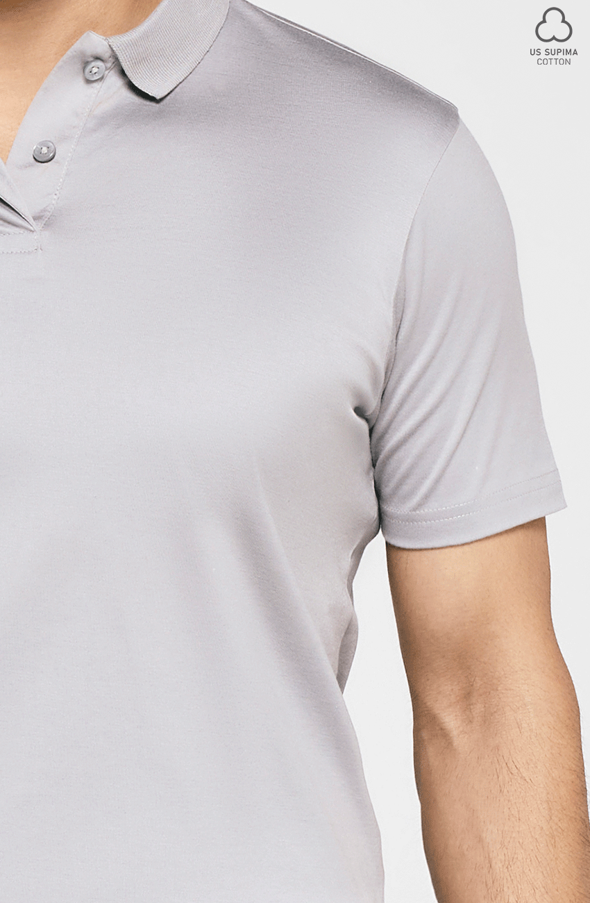 100% US SUPIMA COTTON MERCERIZED GREY POLO NECK T-SHIRT - 220GSM