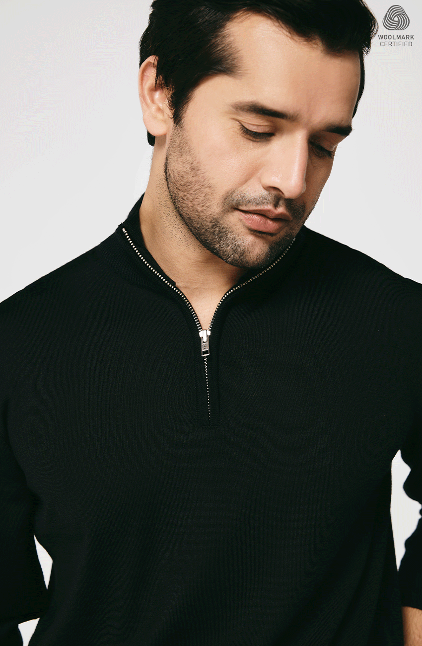 BLACK MERINO WOOL HALF ZIPPER PULLOVER