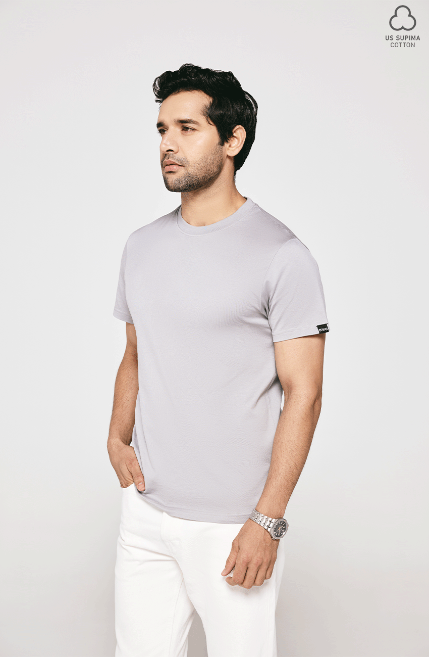100% US SUPIMA COTTON MERCERIZED GREY CREW NECK T-SHIRT - 180GSM