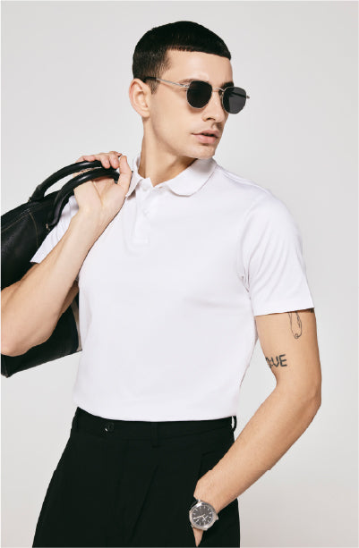 100% US SUPIMA COTTON MERCERIZED WHITE POLO NECK T-SHIRT - 220GSM