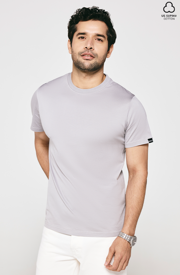 100% US SUPIMA COTTON MERCERIZED GREY CREW NECK T-SHIRT - 180GSM
