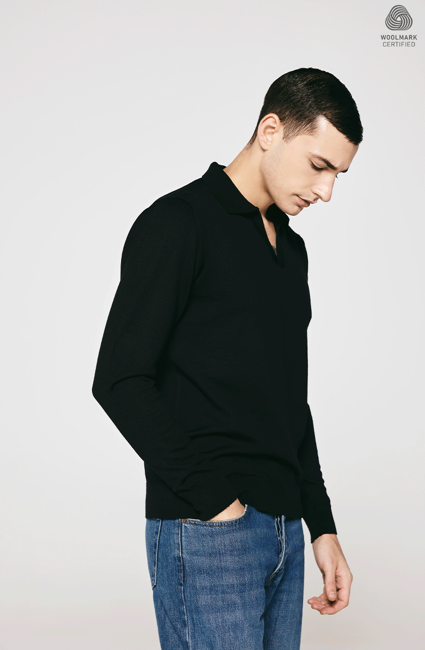 BLACK MERINO WOOL OPEN COLLAR  PULLOVER