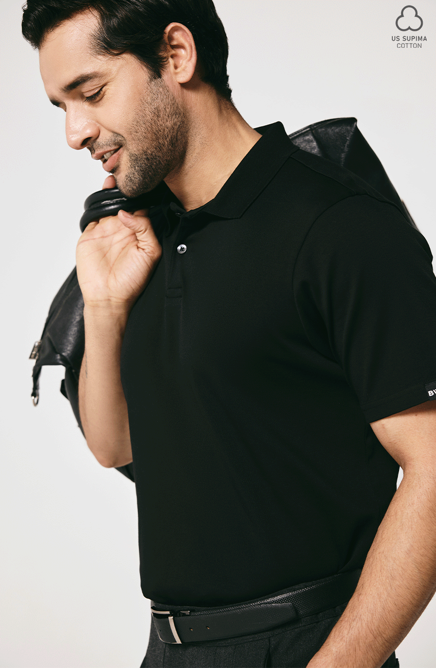 BLACK SUPIMA COTTON POLO T-SHIRT