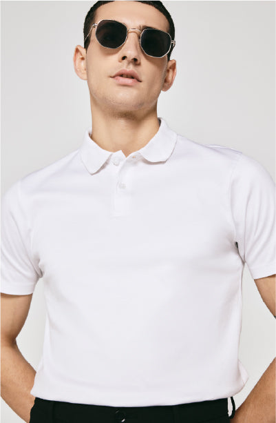 100% US SUPIMA COTTON MERCERIZED WHITE POLO NECK T-SHIRT - 220GSM