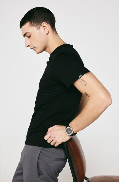 100% US SUPIMA COTTON MERCERIZED BLACK CREW NECK T-SHIRT - 180GSM