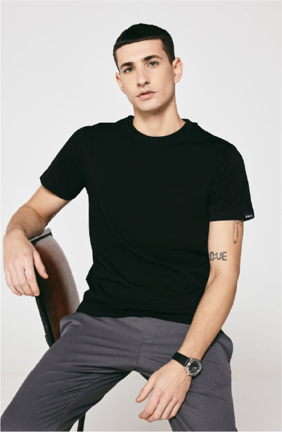 100% US SUPIMA COTTON MERCERIZED BLACK CREW NECK T-SHIRT - 180GSM